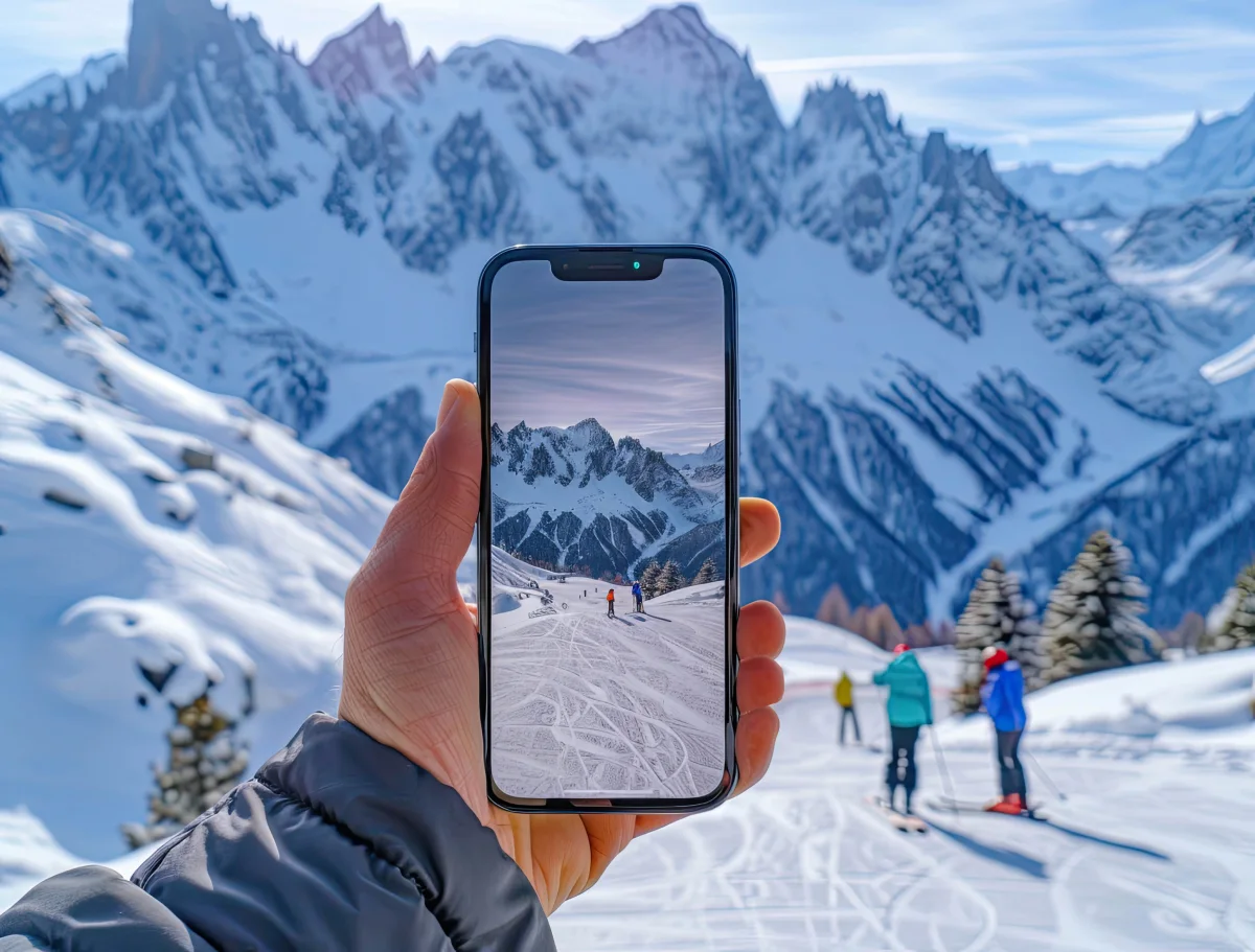 Person auf verschneitem Berg filmt Ski-Abenteuer mit Smartphone – ideal für eSIM-Nutzer in der Schweiz